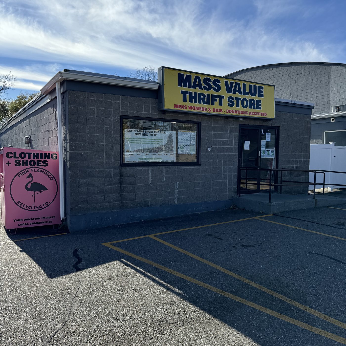 Mass Value Thrift Store storefront at 300 Hamilton Street, Leominster, MA